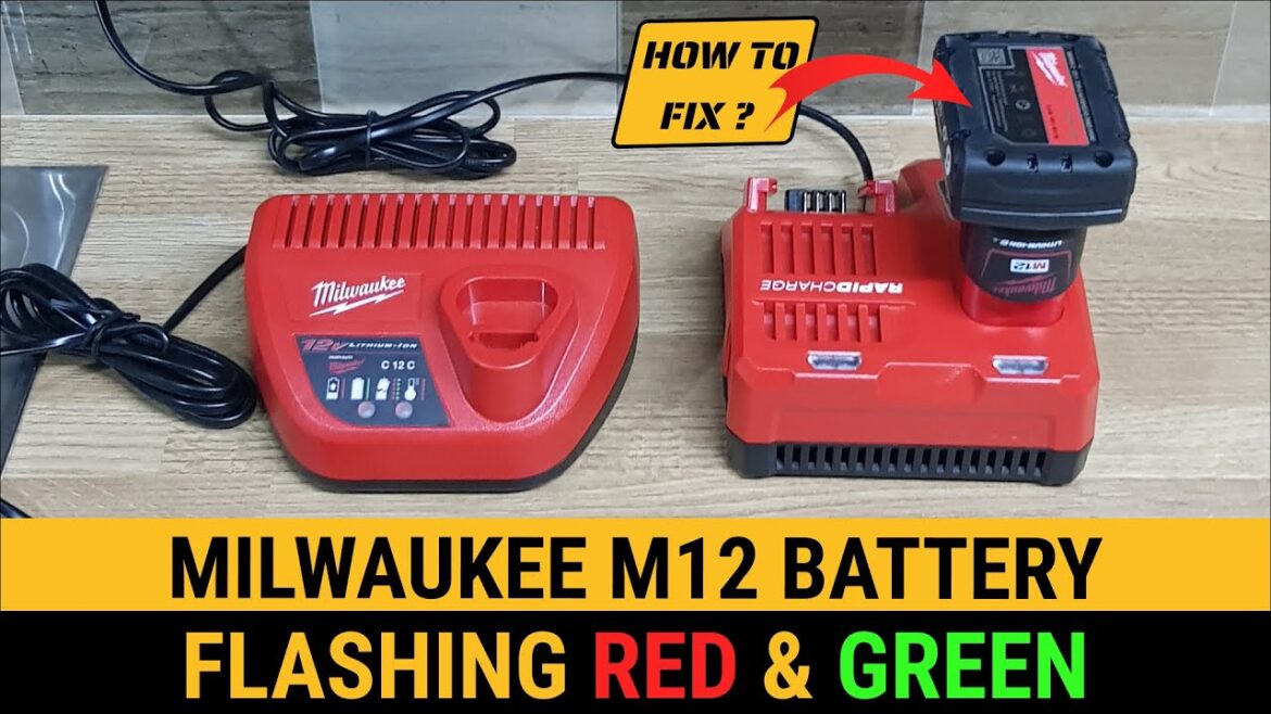 Milwaukee M18 battery showing red and green flashing lights on charger.